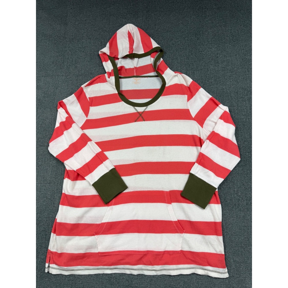 NorthCrest Womens Plus 3X Red White Striped Waffle Knit Thermal Hoodie Top